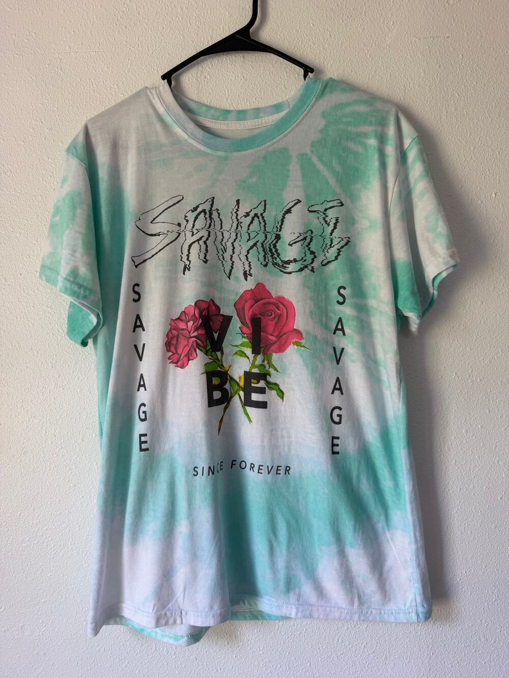 Fresh Laundry Savage Rose Graphic Print Blue White Tie Dye Short Sleeve Tee L